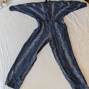 Blue Leopard Print Long-Sleeve Jumpsuit